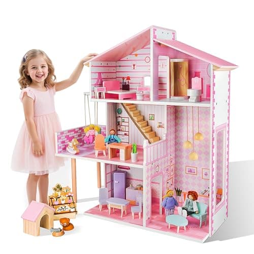 Doloowee Wooden Dollhouse for Girls, Modern Doll House with 31Pcs Furniture & Accessories, DIY Pretend Play Toys with 4 Dolls Figure and 1 Puppy, Gift for Kids Ages 3+