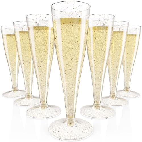 JOLLY CHEF 100 Pack Plastic Champagne Flutes Disposable 4.5 oz Gold Glitter Plastic Champagne Glasses Perfect for Wedding, Thanksgiving Day, Christmas