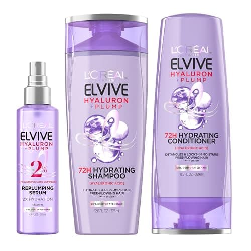 L'Oreal Paris Elvive Hyaluron Plump Hydrating Shampoo & Conditioner 12.6 Fl Oz, Moisture Serum with Hyaluronic Acid for Dehydrated, Dry Hair 4.4 Fl Oz