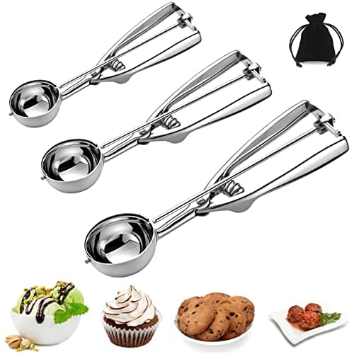 Ice Cream Scoop, 3Pcs Cookie Scoop Set, Stainless Steel Cookie Scoops for Baking Set of 3, Cookie Scooper for Baking, Ice Cream Scooper with Trigger Release, Cookie Dough Scoop, Cupcake Scoop