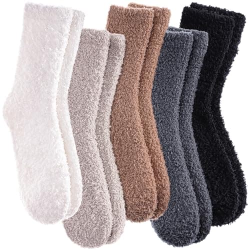 Best Fuzzy Socks for Women #6 from CHOWISH CHOWISH Womens Fuzzy Slipper Socks Super Soft Microfiber Fluffy Cozy Winter Warm Fuzzy Crew Socks (5 Pairs Solid Color-B