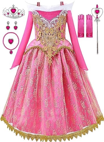 Aoiviss Girls Princess Costume Dresses Pink Princess Dress Up Clothes with Accessories for Halloween Cosplay Carnival Party