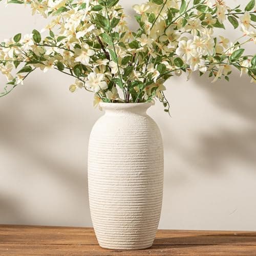 Ceramic Flower Vase, 12.5" Large Rustic Farmhouse Vases Home Decor Tall Pottery Decorative Pampas Vase for Table Living Room Entryway Mantel Bookshelf Bedroom Bathroom Kitchen-White