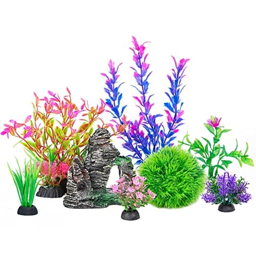 Ameliade Aquarium Artificial Plastic Plants Decorations and Rock Cave Decor Set Goldfish Betta Fish Tank Accessories Small Large Fish Bowl Ornaments