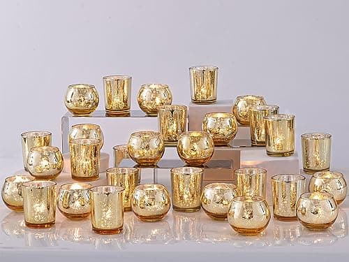 DEVI 48PCS Assorted Gold Votive Candle Holders Bluk, Gold Wedding Decorations, Mercury Glass Candle Holder for Tea lights, Christmas Party Wedding Diwali Centerpieces for Table, Wedding Party Supplies