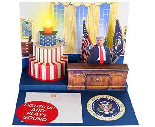 OUR FRIENDLY FOREST Pop Up Birthday Card with Light & Sound Features Real Donald Trump Voice Message for Men and Women, Parents, Couples (Cake)