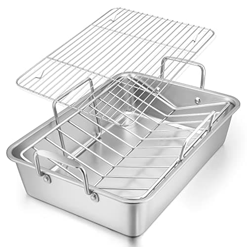 Roasting Pan, E-far 16 x 11.5 Inch Stainless steel Turkey Roaster with Rack - Deep Broiling Pan & V-shaped Rack & Flat Rack, Non-toxic & Heavy Duty, Easy Clean & Dishwasher Safe - Large