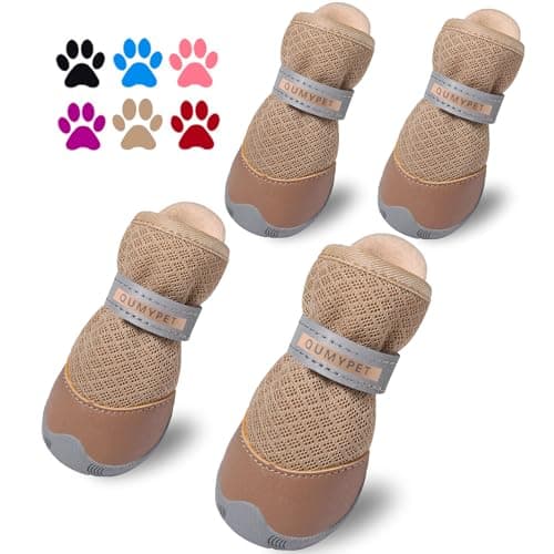 QUMY 4PCS Dog Shoes for Small Dogs, Hot Pavement Summer Puppy Dog Boots & Paw Protectors with Soft Anti-Slip Rubber Sole, Mesh Breathable Dog Booties for Hardfloors, Walking Running Khaki Size 2