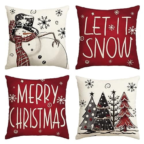 AVOIN colorlife Merry Christmas Snowman Let It Snow Throw Pillow Covers, 18 x 18 Inch Xmas Tree Winter Holiday Cushion Case Decoration for Sofa Couch Set of 4