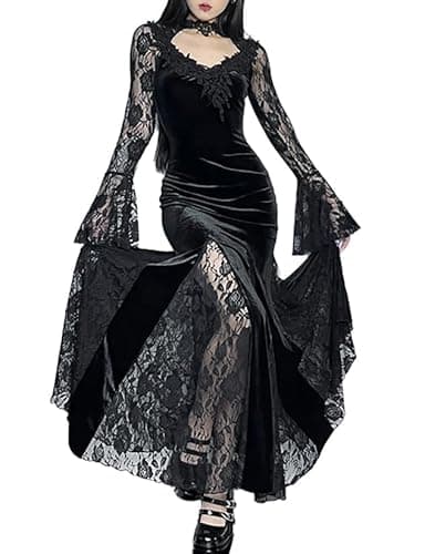 LANSHULAN Gothic Slim Lace Contract Fishtail Long Goth Dress Clothes Black