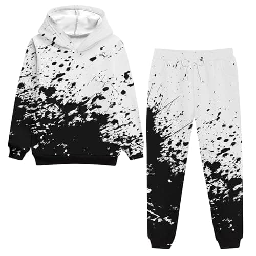 Belovecol Big Boy Hoodie Boys 2 Piece Set Hoodie Pant Set 3D Print Fashion Print Pattern Hooded Sweatshirt Jogger Suits Jogger Set for Autumn and Winter, Black and White Splatter Ink, 13-14 Years