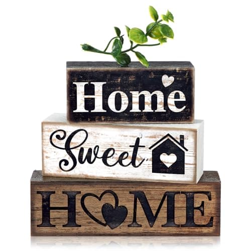 Moucuny 4 Pcs Farmhouse Wooden Tabletop Decor Farmhouse Tiered Tray Decor Rustic Eucalyptus Leaves Wood Block Sign Gift Sweet Home Centerpiece Farmhouse Home Table Decor