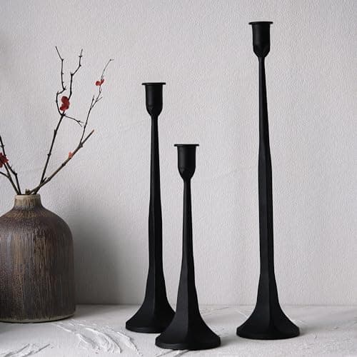 Denique Iron Taper Candle Holder Set of 3, Black Candlestick Holders Decorative Candle Stand, Tapered Candle Holders Tall Set for Wedding, Dining Table, Home Decoration (Black)