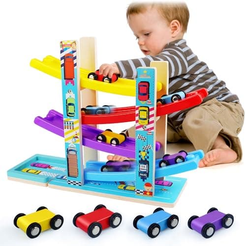 Montessori Toys for Toddlers, Children Race Track Toy with 4 Cars and 1 Wooden Parking Lot, Stable Base, Car Ramp Toy for 2 3 Year Old Boy Girl Gifts, 18 Month Old Toys for Kids