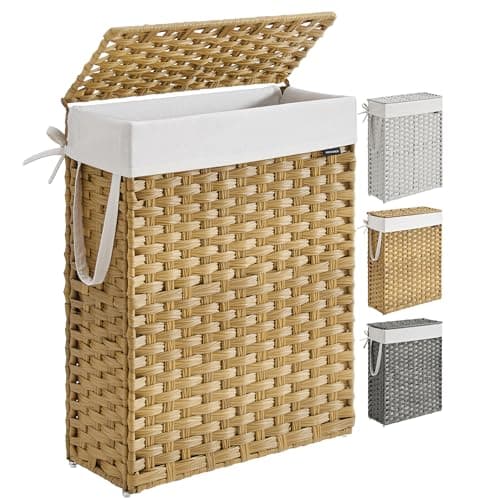 SONGMICS Slim Laundry Hamper with Lid, 14.5 Gallon (55L) Rattan Clothes Laundry Basket with Lid and Handles, Foldable, Removable Liner, Goose Yellow ULCB164N01