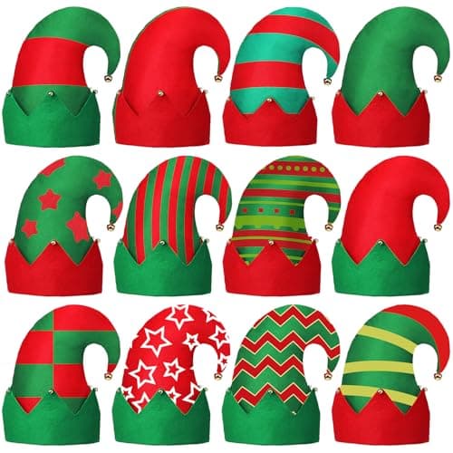 Tisancy 12 Pcs Christmas Elf Hat Colorful Funny Hats with Bell Holiday Party Accessories for Adults Santa Headdress for Party(Classic 3)