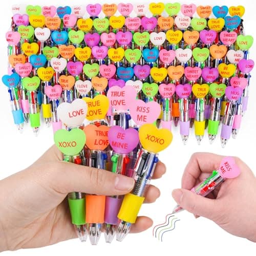 LiYiQ 100 Pcs Valentine's Day Conversation Colorful Multicolor Pen in One Cartoon Cute Fun 4-in-1 Pens Bulk Kawaii Be Mine Kiss Me Love Conversation Lovely Ballpoint Pens for Fun Gifts