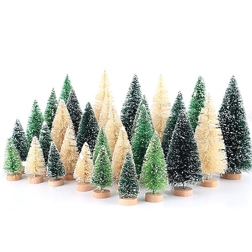 30Pcs Mini Christmas Trees - Artificial Christmas Tree Bottle Brush Trees with 5 Sizes, Snow Trees with Wooden Base for Christmas Party Home Table Craft Decor (GrassGreen+Green+White)