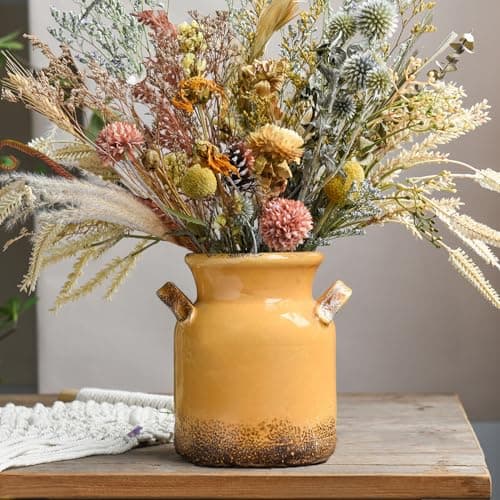 Quoowiit Ceramic Rustic Farmhouse Vase, Distressed Decorative Flower Vase for Home Decor, Ideal Shelf Decor, Yellow Boho Vase for Living Room Bedroom Kitchen Office Decor Centerpiece Table Decorations