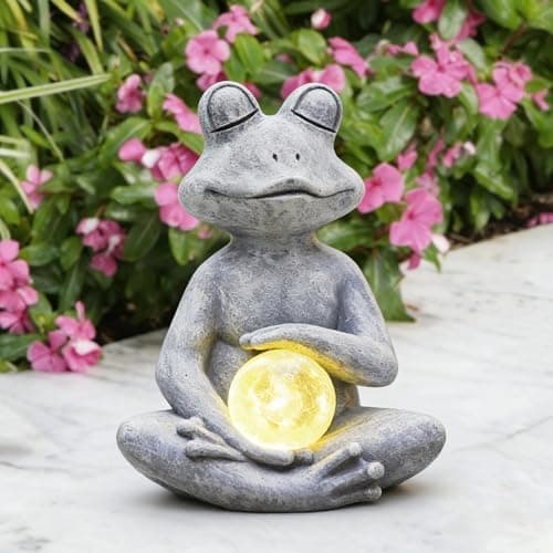 Fashionoda Meditating Yoga Frog Statue with Solar LED Light Ball - 6.8L x 9.65H Zen Garden Figurines for Home and Garden Decor, Frog Decorations Gift Ideas, Gifts for Women Mom