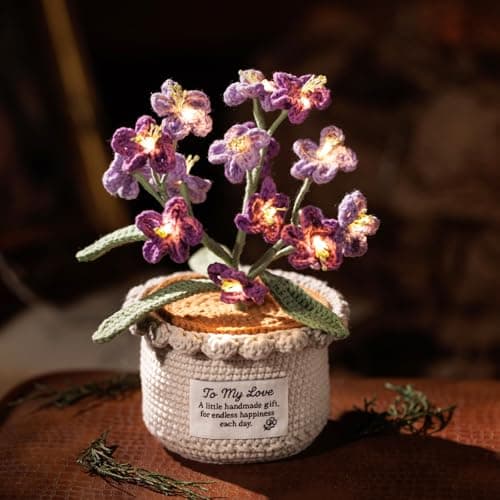 ANZRLE Forget Me Not Flowers Lamps, Crochet Artificial Flowers with Night Lights, Cordless Table Lamp - Women Gift Ideas for Christmas Valentine Mother's Day, Desk Home Decorations (Purple)