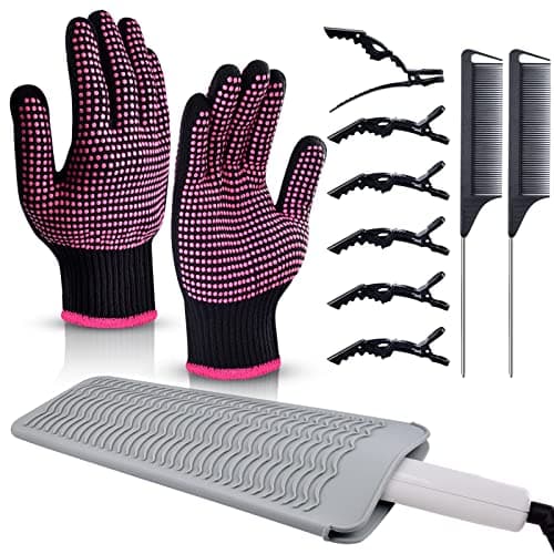 MORGLES Heat Resistant Gloves, 2 Pcs Professional Heat Gloves for Hair Styling Silicone Hot Mat 6 Pcs Hair Clips and 2 Pcs Styling Comb for Curling Iron Wands Flat Iron