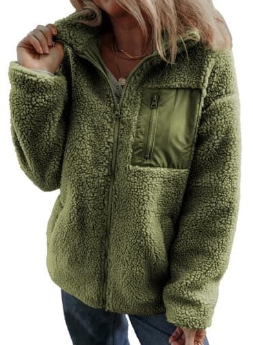 Dokotoo Womens Fleece Shacket Jackets Winter Clothing for Women Cute Warm Fall Winter Coats Loose Stand Neck Full Zipper Up Teddy Sherpa Jacket Coats Solid Comfy Soft Outerwear with Pockets L Green