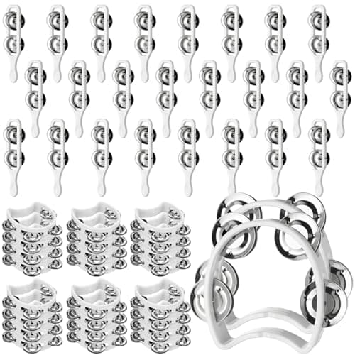 Joyfolk 48 Pack Plastic Percussion Handheld Tambourines and Cymbals ABS Tambourine Percussion Rhythm Musical Instruments for Party Music Lovers Performers Adults Concert Holiday Noise Makers(White)