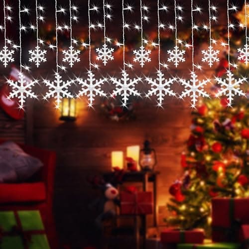 16.4 Ft Christmas Snowflake Window Lights, Hanging Christmas Curtain Lights Outdoor 288 LED with 24 Drops, 8 Modes Cool White Snowflake Decorations for Holiday Window Decorations,Yard, Curtain, Party