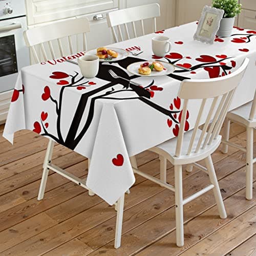 Rectangle Waterproof Table Clothes Valentine's Day Black Birds Couple Tableclothes Topper Cover Love Heart Tree Branch Kitchen Dining Tablecloth for Indoor Outdoor Wedding Banquet Tables