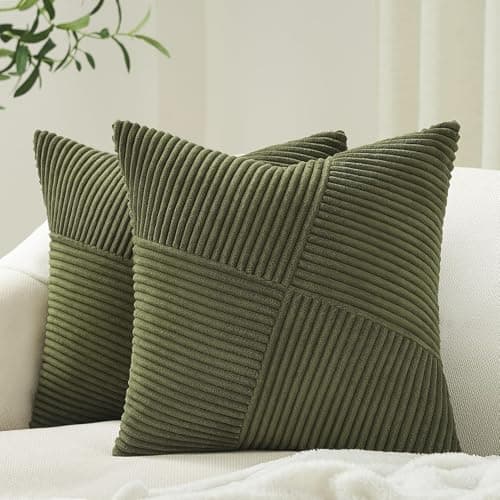 Topfinel Olive Green Decorative Throw Pillow Covers Set of 2 18x18 Inches for Couch Bed Sofa, Boho Aesthetic Home Decor, Soft Corduroy Striped Patchwork Windmill Textured Cushion Cases 45x45 cm