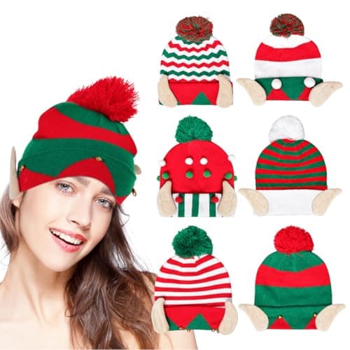 Breffima 6 Pcs Christmas Elf Beanie For Women Christmas Knit Hat With Elf Ears for Kids Adults Holiday Costume