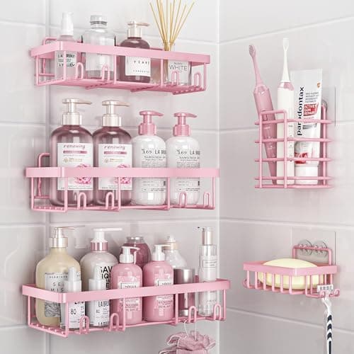 Liuoud 5 Pack Shower Caddy Organizer Rack Shelf for Inside Shower, Adhesive Bathroom Wall Storage Basket Rustproof Stainless Steel Shampoo Holder, Girly Bathroom Accessory Decor Set, Pink
