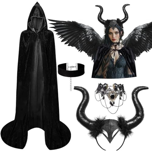 MOVINPE Meleficent Costume Evil Queen Costume for Women, Long Horns Hooded Cloak Gothic Necklace Black Choker Halloween Costume Accessories Halloween Cosplay Party Dress Up