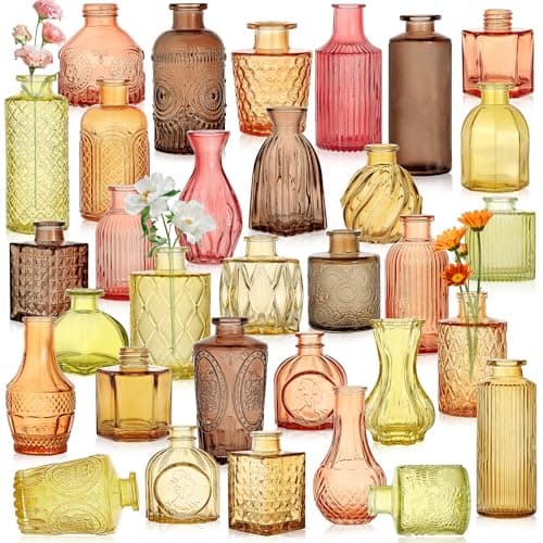 Colored Glass Vases Bulk 32 Pcs - Assorted Vintage Bud Vases for Wedding Centerpieces, Rustic Embossed Glass Bottles for Table Decor, Home Floral Arrangements with Gold Series (2-6 Inch)
