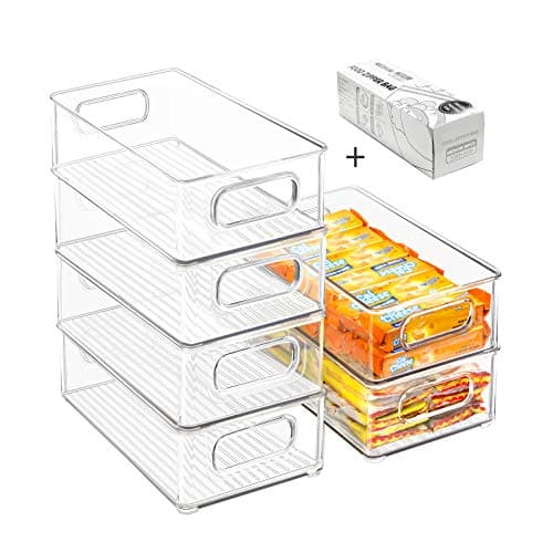 Stackable Refrigerator Organizer Bins, 6 Pack Clear Kitchen Organizer Container Bins with Handles and 20 PCS Plastic Bags for Pantry, Cabinets, Shelves, Drawer, Freezer - Food Safe, BPA Free 10"L