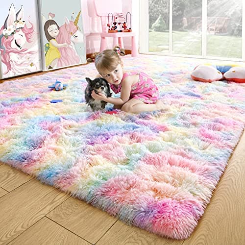 Noahas 4x6 Fluffy Pink Kids Rugs for Room,Rainbow Rug for Girls Bedroom,Soft Playroom Shag Nursery Carpets Room Decor