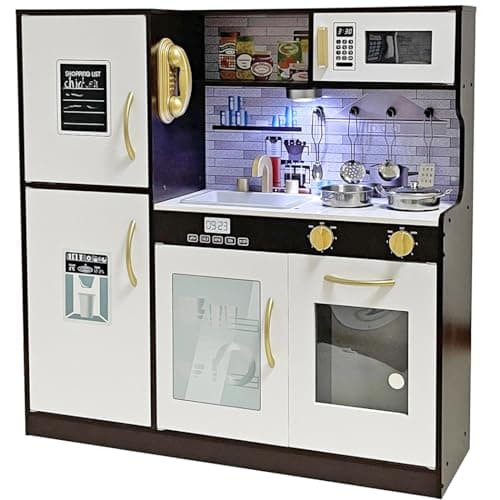 TOUCH US Wooden Play Kitchen Toy Set with Light, Kids Children Pretend Toy Kitchen Playset with Sink Play Toy,Oven Microwave,Toddler Cooking Set Toy for Ages 3+ Baby Girls Boys