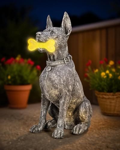 Miggley Dog Solar Garden Statue with LED Light - Outdoor Yard, Lawn, Patio Doberman Decor - Unique Birthday Housewarming Gift for Dad, Mom, Men, Women