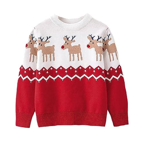 Boy Girl Sweater Christmas Knit Pullover Crewneck Offer White Red Christmas Elk Deer Sweatshirts Holiday Sweater 5T