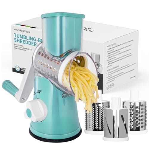 X Home Rotary Cheese Grater for Kitchen, Shredder with 3 Interchangeable Blades, Rotary Grater with Handle and Strong Suction Base, for Vegetables, Fruit, Nuts, Easy to Use and Clean, Blue