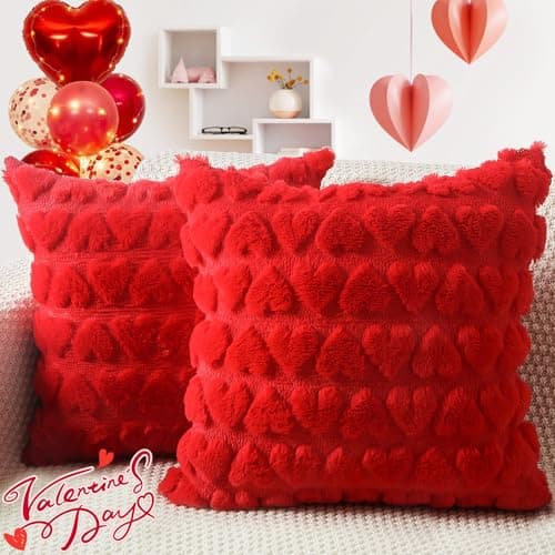 Valentine's Day Pillow Covers, Set of 2 Soft Plush Short Wool Velvet Throw Pillow Covers, Valentines Heart Love Decorative Square Luxury Cushion Case Pillow Shell for Sofa Holiday- Red 18x18 Inch