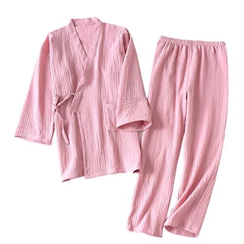 Shanghai Story Japanese Style Two-Piece Suit Cotton Bathrobe Pajamas Kimono Bathrobes Sleepwear For Women Pink Size XL