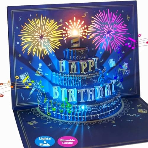 MZD8391 UPGRADED 3D Pop Up Firework Birthday Cards, Musical LED Lights Birthday Cards with Blowable Birthday Cake, Greeting Cards, Birthday Gifts for Mom Women Men Kids Child Dad Father Wife