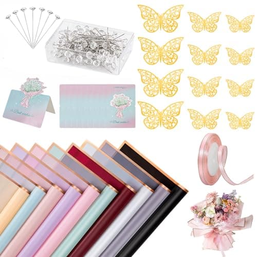 20 Sheets Flower Wrapping Paper Bouquet Wrapping Paper Waterproof with 10 Pcs Greeting cards, 12PCS 3D Gold Butterfly Decor, 50 pearl pins, 24 Yards Satin Ribbon for Wedding DIY Craft Party 10 colors