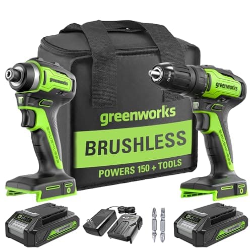 Greenworks 24V Brushless Cordless Drill and Impact Driver,Power Tool Combo Kit Included 1/2”Drill & 1/4”Hex Impact Driver and (2) Batteries, Fast Charger, 2 pcs Drill Bit Set & Bag