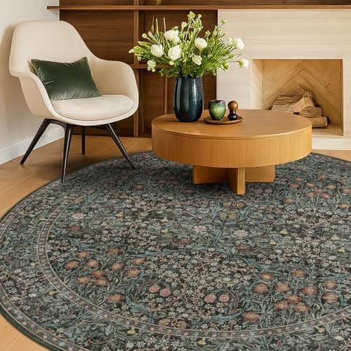Washable Round Rugs 8ft for Living Room, Large Round Area Rugs Non Slip, Soft Circle Carpet for Bedroom Under Bed, Dining Room Under Kitchen Table, Vintage Dark Green Floral Décor