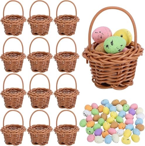 12 Pack Easter Mini Woven Handbasket with 50 Pcs Eggs,Tiny Decorative Picnic Baskets with Handle, Easter Miniature Basket Set for Home Office Decor Wedding Birthday Party Favors