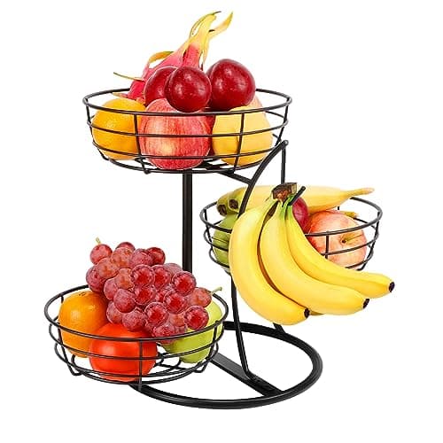 Livabber Fruit Basket Bowl with Banana Hanger, Fruit Vegetable Storage Basket with Banana Tree Holder for Kitchen Counter, Detachable Organizer for Bread Snack Produce (Black, 3-Tier Metal Base)