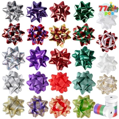 JOYIN 75PCS Christmas Bows Assortment with 2 Rolls of Curling Ribbons,5 Colors Self Adhesive Gift Bows for Gift Wrapping, Birthday Wedding Easter Xmas Presents Boxes Decoration